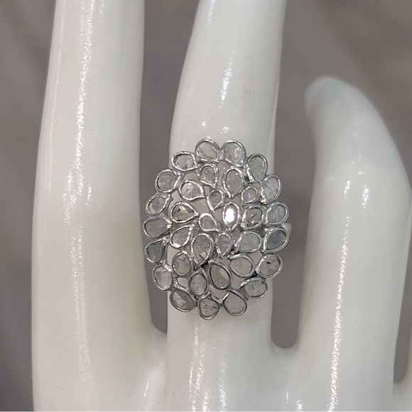 Polki Diamond Sterling Silver Platinum Ring - Picture 3 of 14